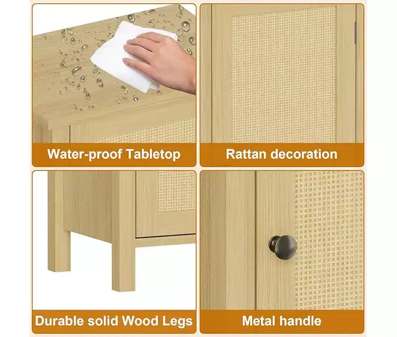 Comodino in rattan nero/naturale con cassetto – Tavolino da comodino con ripiano in legno