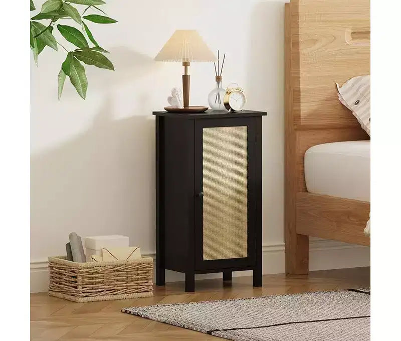 Comodino in rattan nero/naturale con cassetto – Tavolino da comodino con ripiano in legno