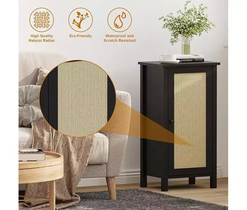 Comodino in rattan nero/naturale con cassetto – Tavolino da comodino con ripiano in legno
