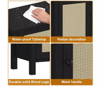 Comodino in rattan nero/naturale con cassetto – Tavolino da comodino con ripiano in legno