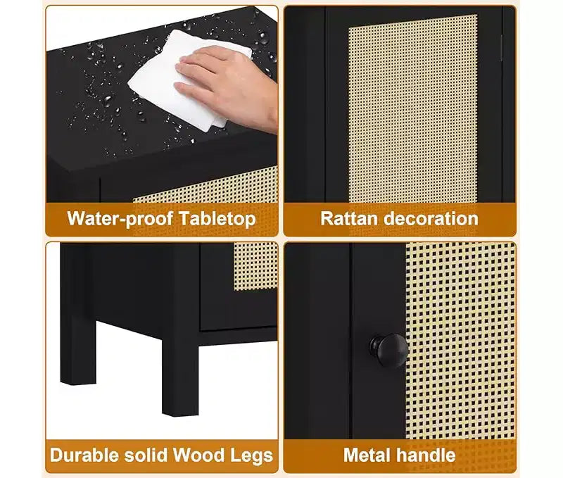 Comodino in rattan nero/naturale con cassetto – Tavolino da comodino con ripiano in legno