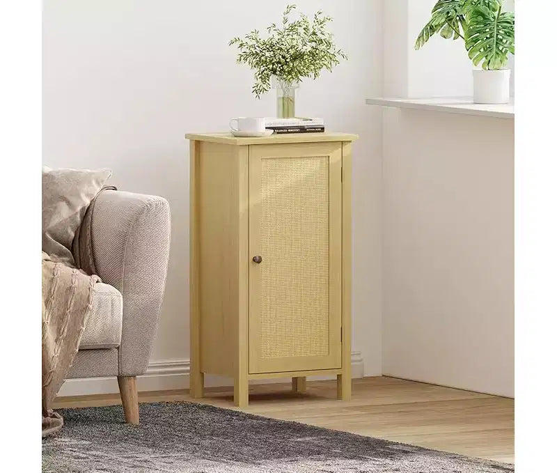 Comodino in rattan nero/naturale con cassetto – Tavolino da comodino con ripiano in legno