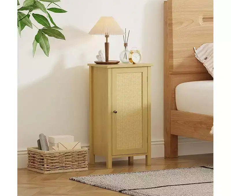 Comodino in rattan nero/naturale con cassetto – Tavolino da comodino con ripiano in legno