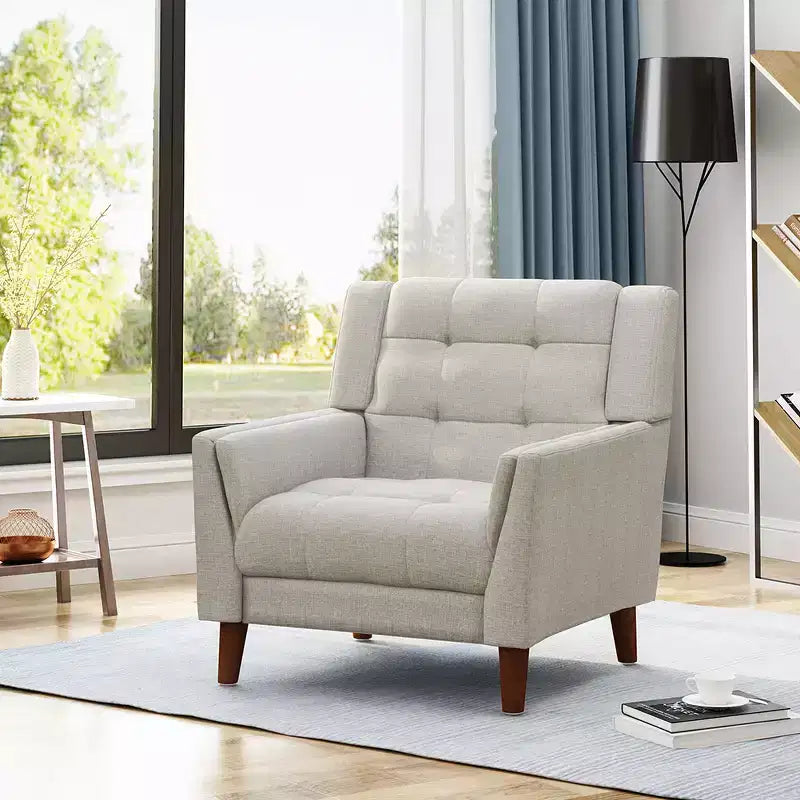Poltrona in flanella beige, con bottoni, a sedile singolo, gambe in legno