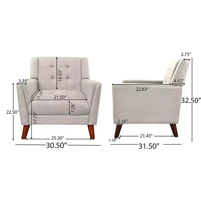 Poltrona in flanella beige, con bottoni, a sedile singolo, gambe in legno