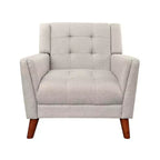 Poltrona in flanella beige, con bottoni, a sedile singolo, gambe in legno