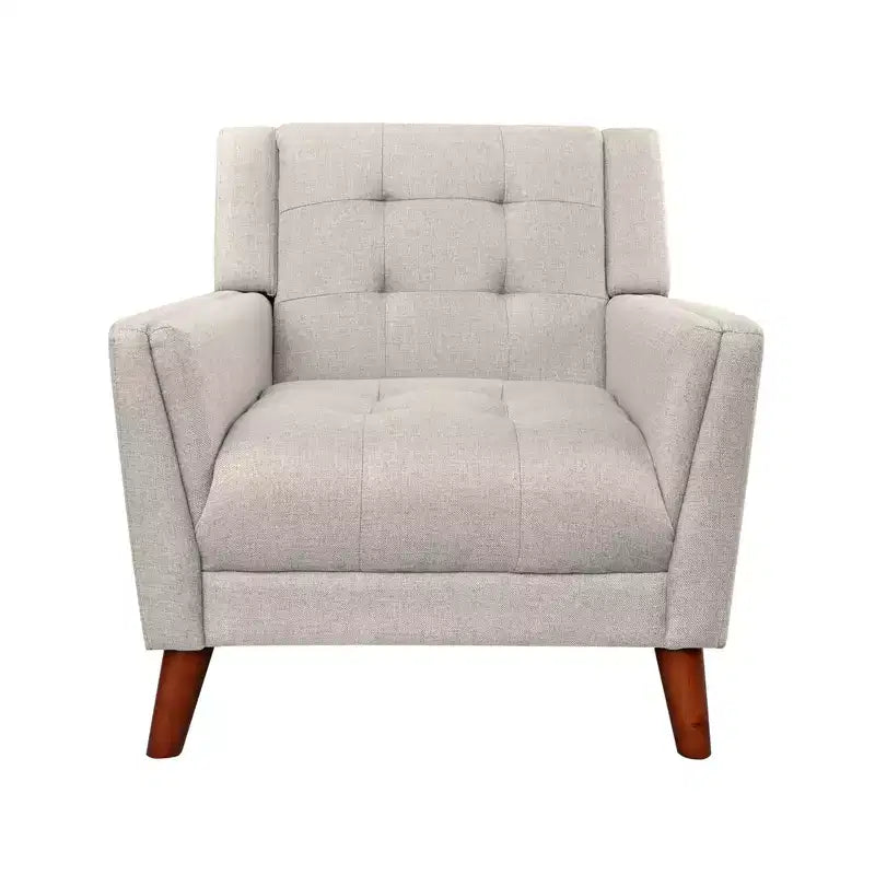 Poltrona in flanella beige, con bottoni, a sedile singolo, gambe in legno