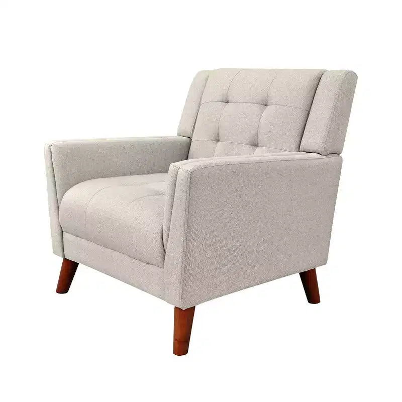 Poltrona in flanella beige, con bottoni, a sedile singolo, gambe in legno