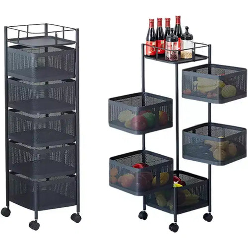 Carrello per Dispensa Girevole a 5 Ripiani, Nero/Bianco, Rete in Acciaio al Carbonio, Ruote Bloccabili