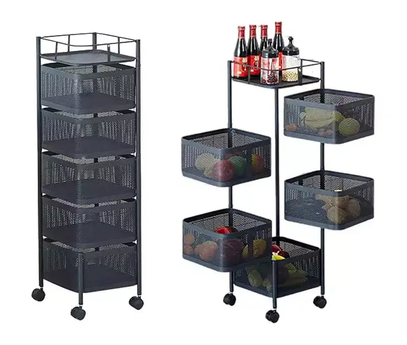 Carrello per Dispensa Girevole a 5 Ripiani, Nero/Bianco, Rete in Acciaio al Carbonio, Ruote Bloccabili