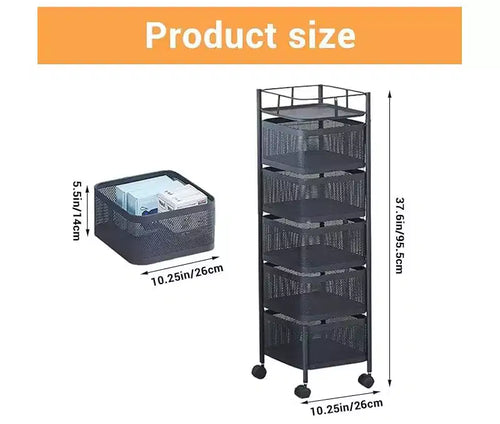 5 Tier Rotating Kitchen Storage Rack, Metal Mesh Kitchen Trolley Cart with Top Lid, Storage on Rolling Wheels for Fruit Vegetable Grocery Storage