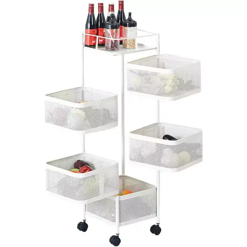 Carrello per Dispensa Girevole a 5 Ripiani, Nero/Bianco, Rete in Acciaio al Carbonio, Ruote Bloccabili