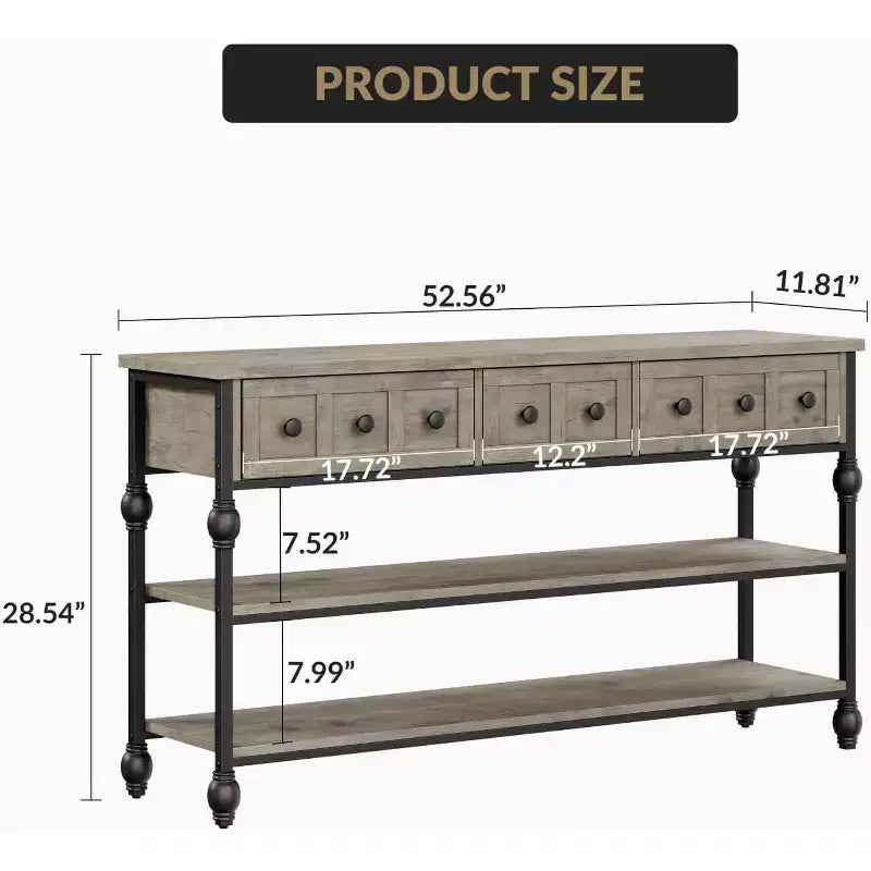 Consolle da 53", Marrone/Grigio, Stile Industriale, 3 Cassetti e 3 Ripiani