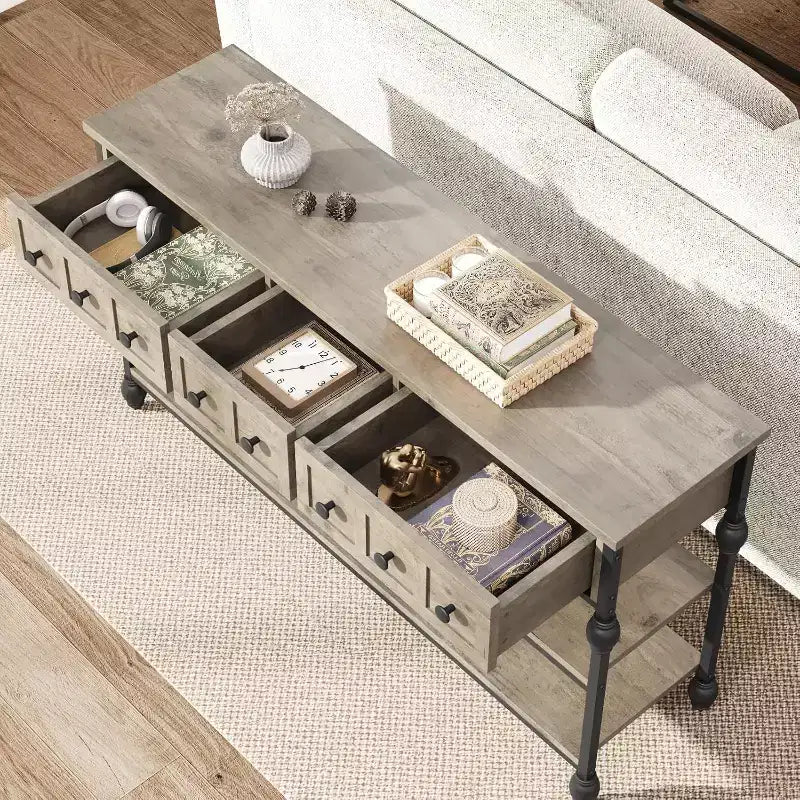 Consolle da 53", Marrone/Grigio, Stile Industriale, 3 Cassetti e 3 Ripiani