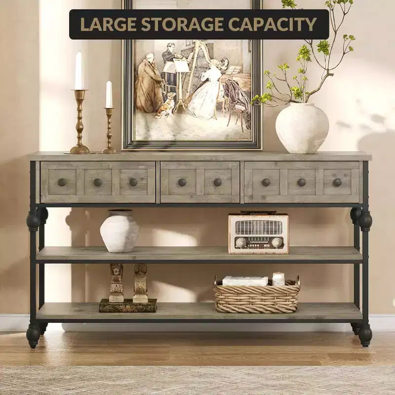 Consolle da 53", Marrone/Grigio, Stile Industriale, 3 Cassetti e 3 Ripiani