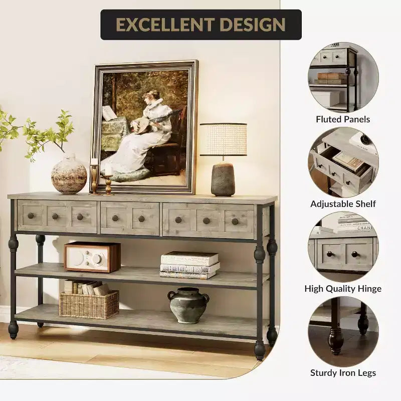 Consolle da 53", Marrone/Grigio, Stile Industriale, 3 Cassetti e 3 Ripiani