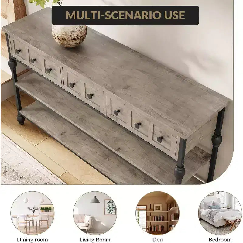 Consolle da 53", Marrone/Grigio, Stile Industriale, 3 Cassetti e 3 Ripiani