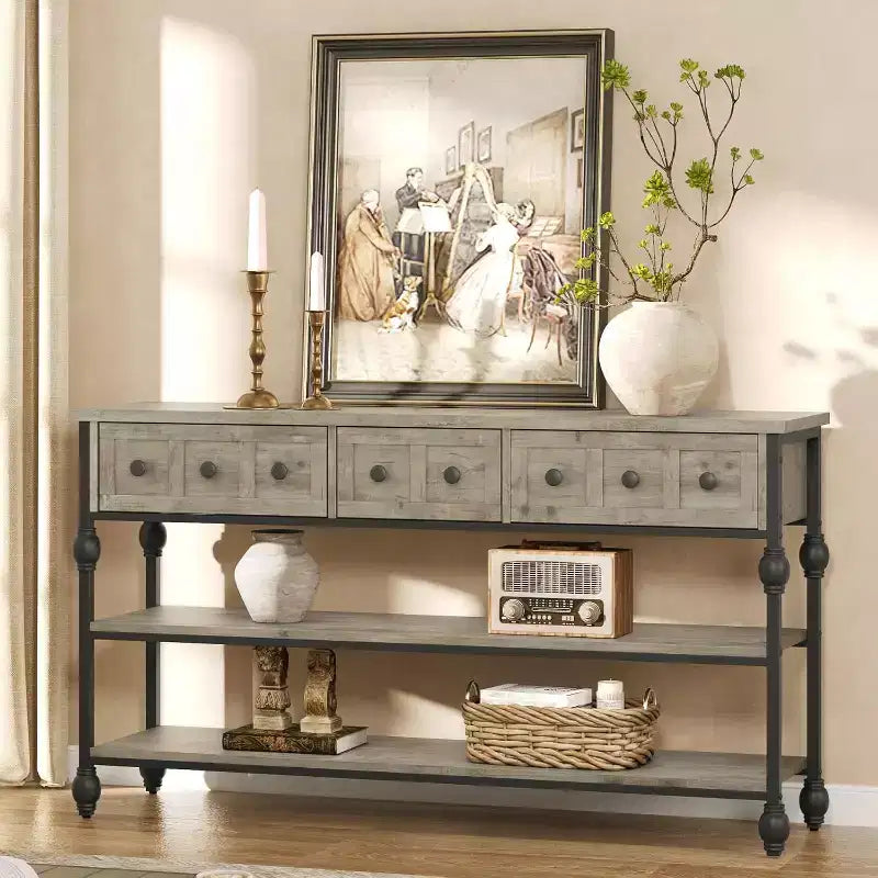 Consolle da 53", Marrone/Grigio, Stile Industriale, 3 Cassetti e 3 Ripiani