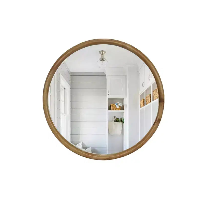 Specchio da parete rotondo con cornice in legno naturale, 23,62", 1 persona