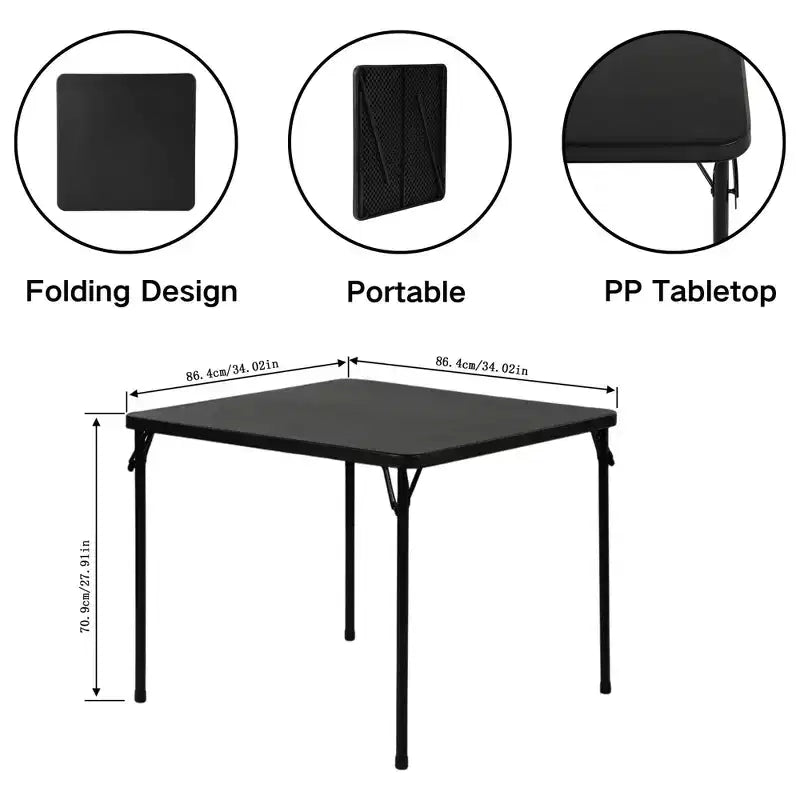 Tavolo pieghevole quadrato nero, 4 posti, piano in PP e telaio in metallo, 86x86 cm