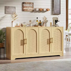 Credenza buffet 150 cm, nero/marrone/bianco, anta in rattan, 4 ante, montaggio da 1 persona