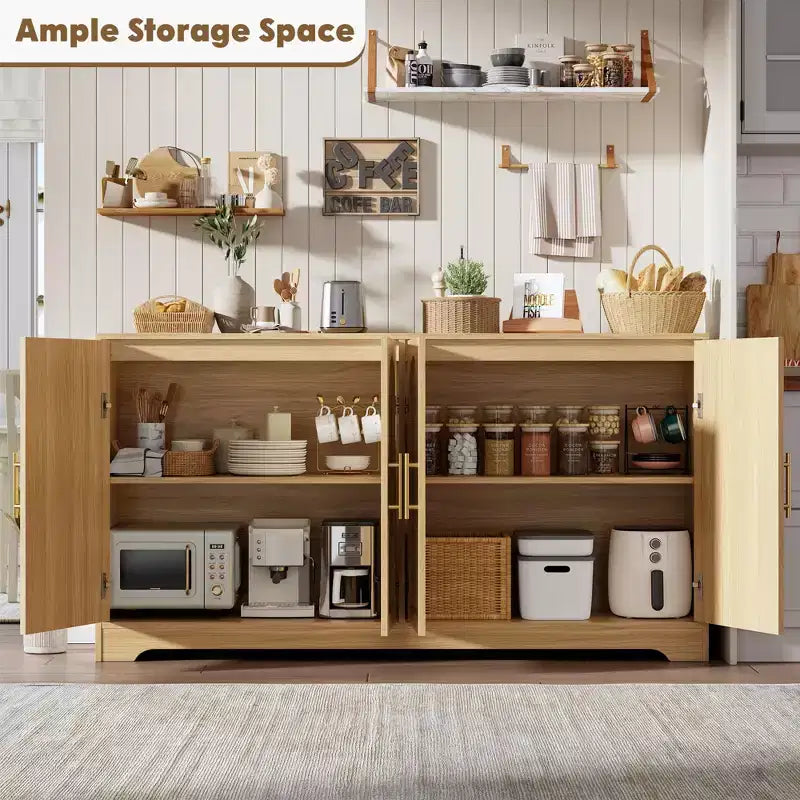 Credenza buffet 150 cm, nero/marrone/bianco, anta in rattan, 4 ante, montaggio da 1 persona