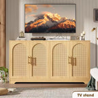 Credenza buffet 150 cm, nero/marrone/bianco, anta in rattan, 4 ante, montaggio da 1 persona