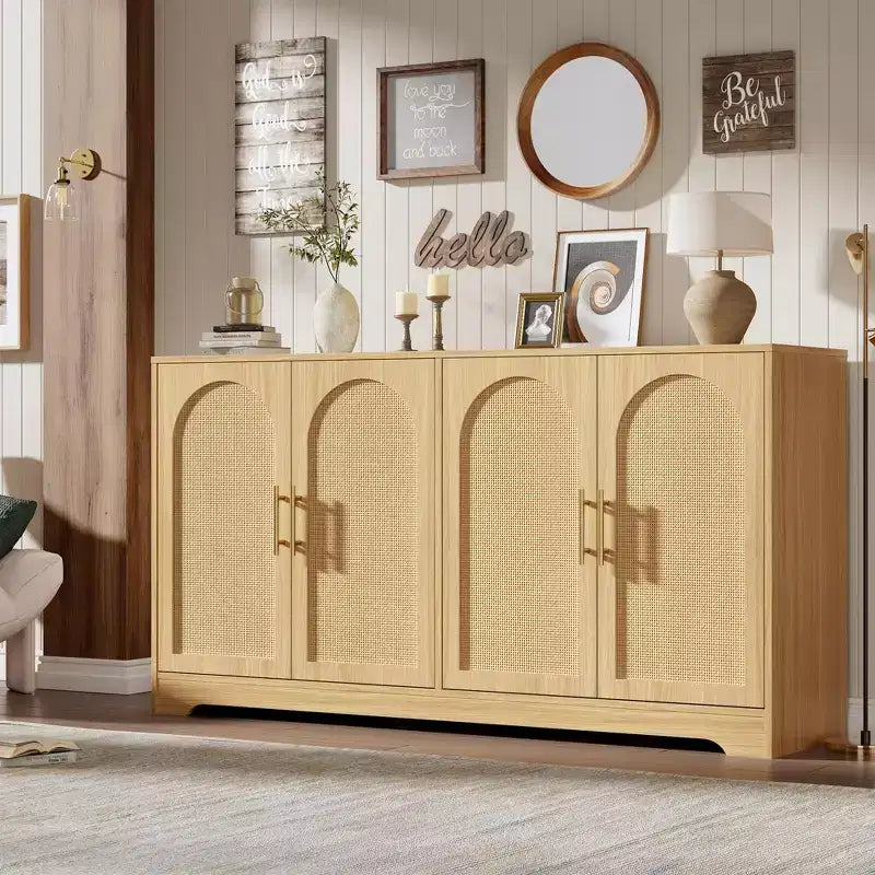 Credenza buffet 150 cm, nero/marrone/bianco, anta in rattan, 4 ante, montaggio da 1 persona