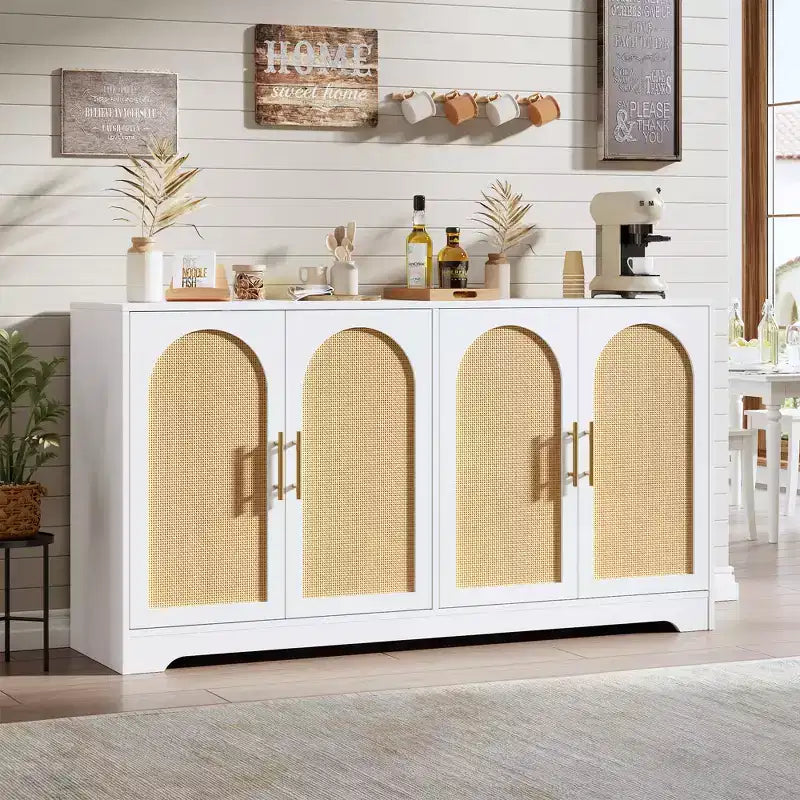Credenza buffet 150 cm, nero/marrone/bianco, anta in rattan, 4 ante, montaggio da 1 persona
