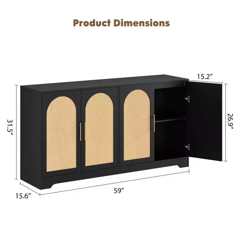 Credenza buffet 150 cm, nero/marrone/bianco, anta in rattan, 4 ante, montaggio da 1 persona