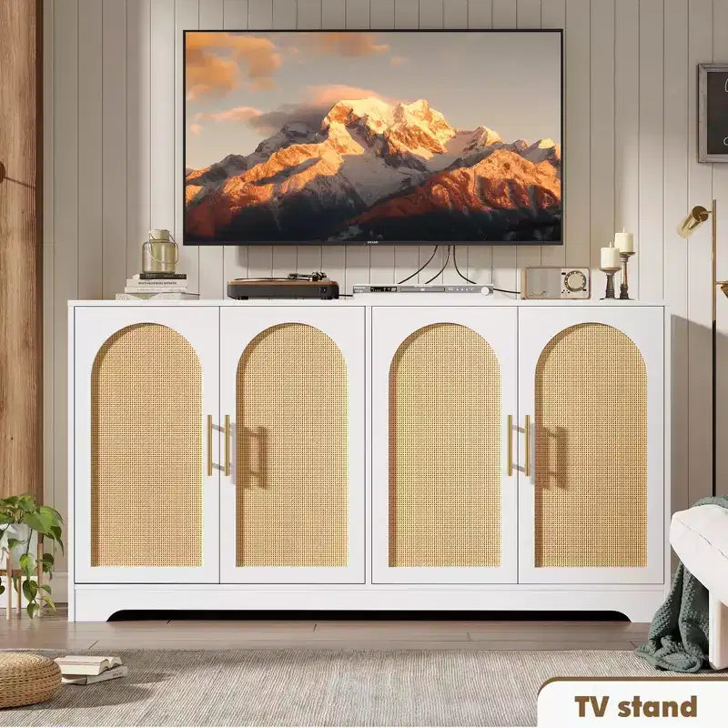 Credenza buffet 150 cm, nero/marrone/bianco, anta in rattan, 4 ante, montaggio da 1 persona