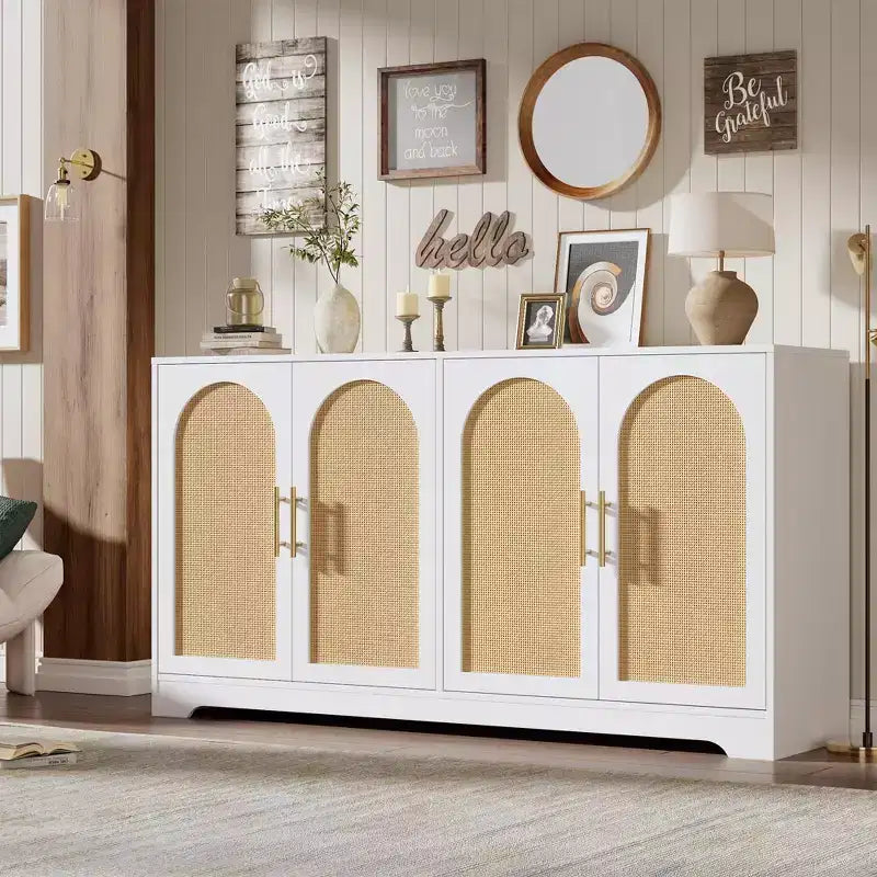 Credenza buffet 150 cm, nero/marrone/bianco, anta in rattan, 4 ante, montaggio da 1 persona
