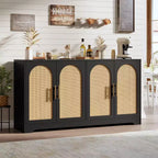 Credenza buffet 150 cm, nero/marrone/bianco, anta in rattan, 4 ante, montaggio da 1 persona
