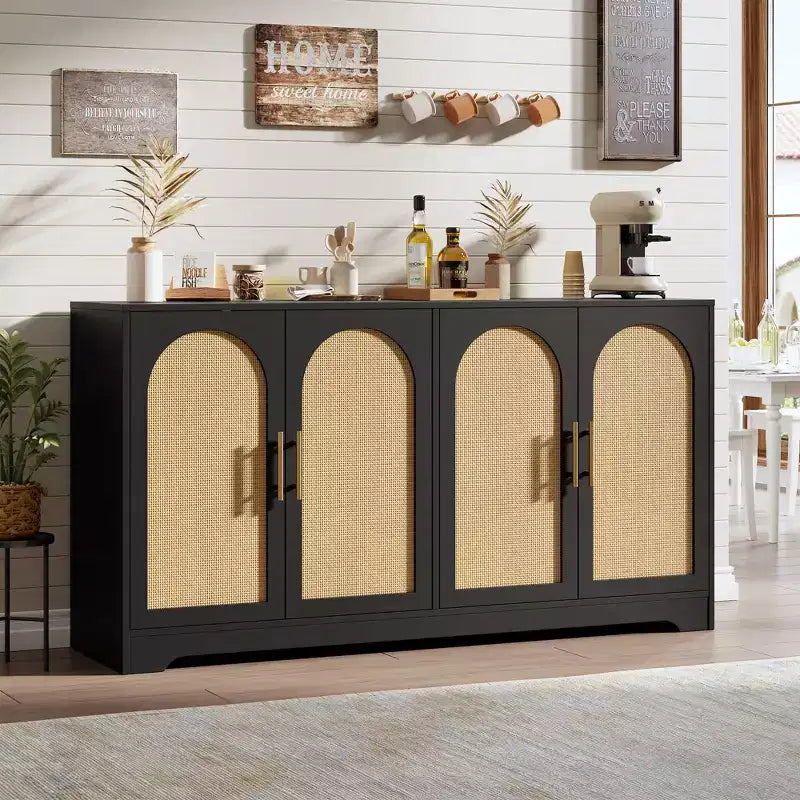 Credenza buffet 150 cm, nero/marrone/bianco, anta in rattan, 4 ante, montaggio da 1 persona