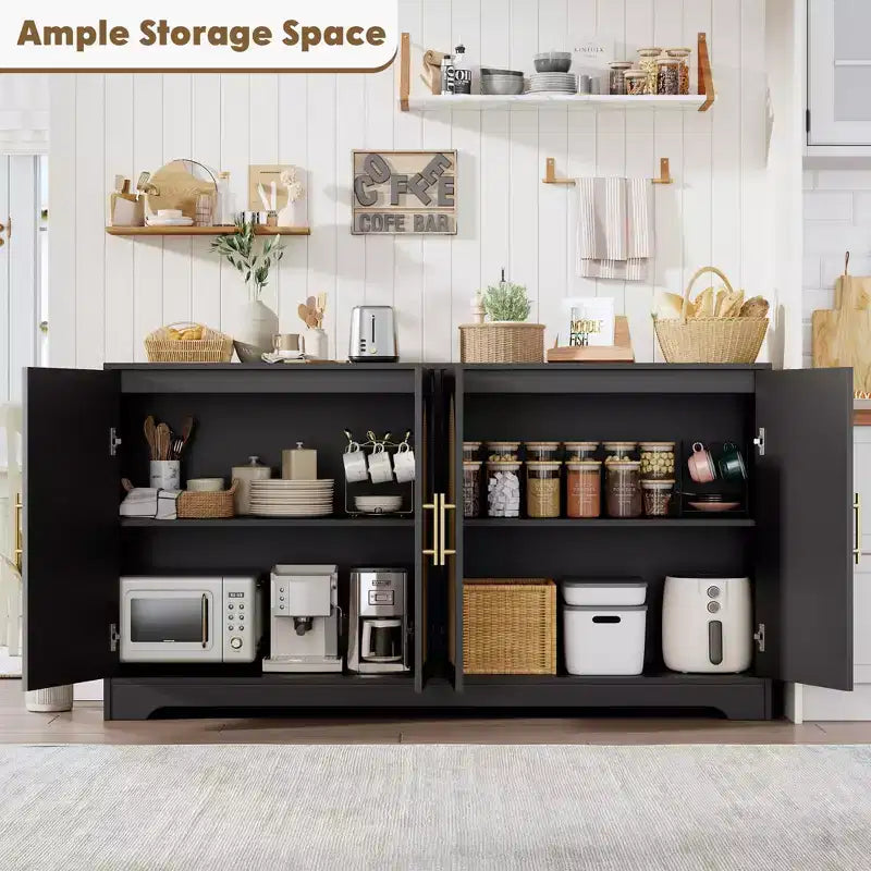 Credenza buffet 150 cm, nero/marrone/bianco, anta in rattan, 4 ante, montaggio da 1 persona