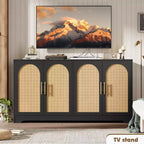 Credenza buffet 150 cm, nero/marrone/bianco, anta in rattan, 4 ante, montaggio da 1 persona
