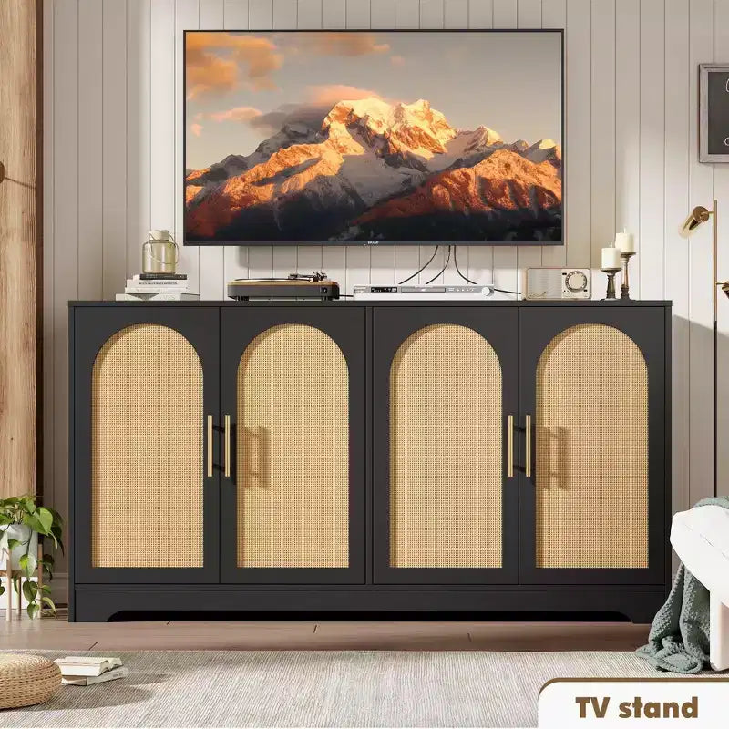 Credenza buffet 150 cm, nero/marrone/bianco, anta in rattan, 4 ante, montaggio da 1 persona