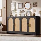 Credenza buffet 150 cm, nero/marrone/bianco, anta in rattan, 4 ante, montaggio da 1 persona
