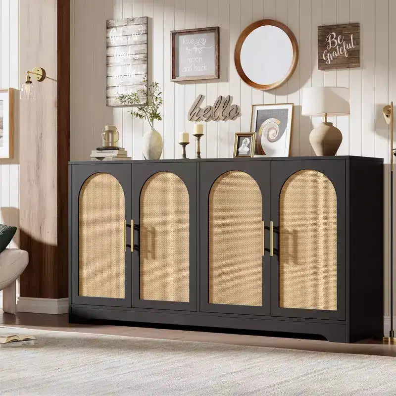 Credenza buffet 150 cm, nero/marrone/bianco, anta in rattan, 4 ante, montaggio da 1 persona