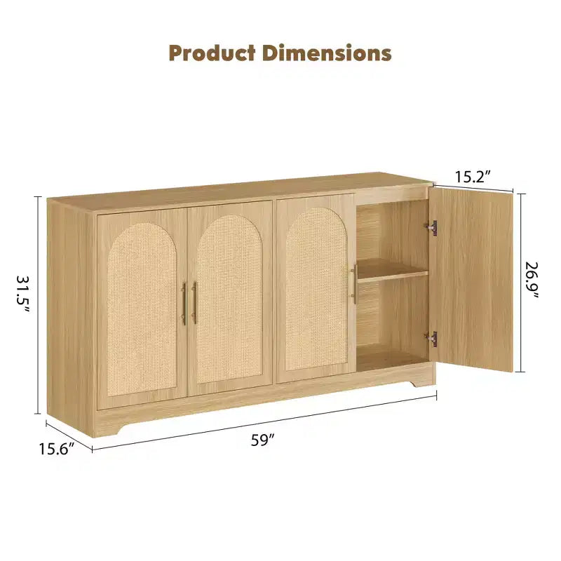 Credenza buffet 150 cm, nero/marrone/bianco, anta in rattan, 4 ante, montaggio da 1 persona