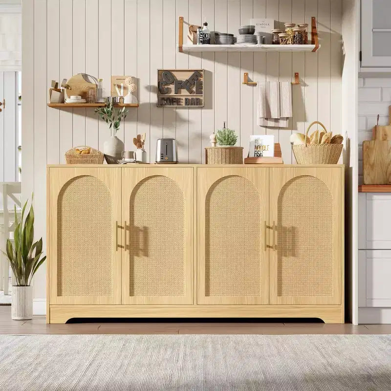 Credenza buffet 150 cm, nero/marrone/bianco, anta in rattan, 4 ante, montaggio da 1 persona