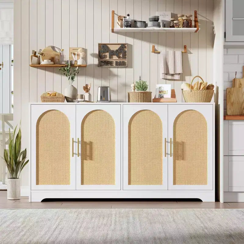 Credenza buffet 150 cm, nero/marrone/bianco, anta in rattan, 4 ante, montaggio da 1 persona