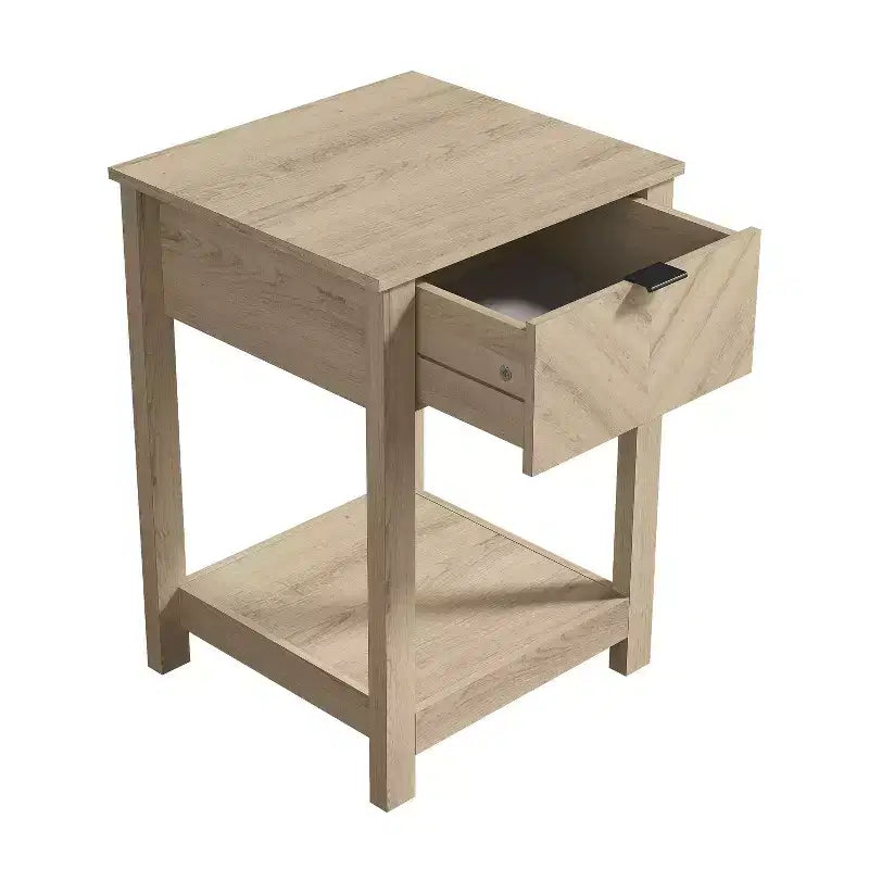 Comodino a 1 cassetto con ripiano aperto, Noce Ambra / Rovere Oslo, Montaggio da 1 persona