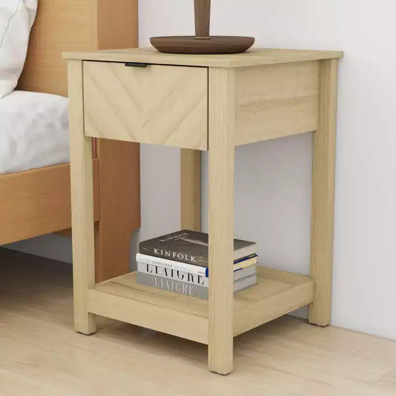 Comodino a 1 cassetto con ripiano aperto, Noce Ambra / Rovere Oslo, Montaggio da 1 persona