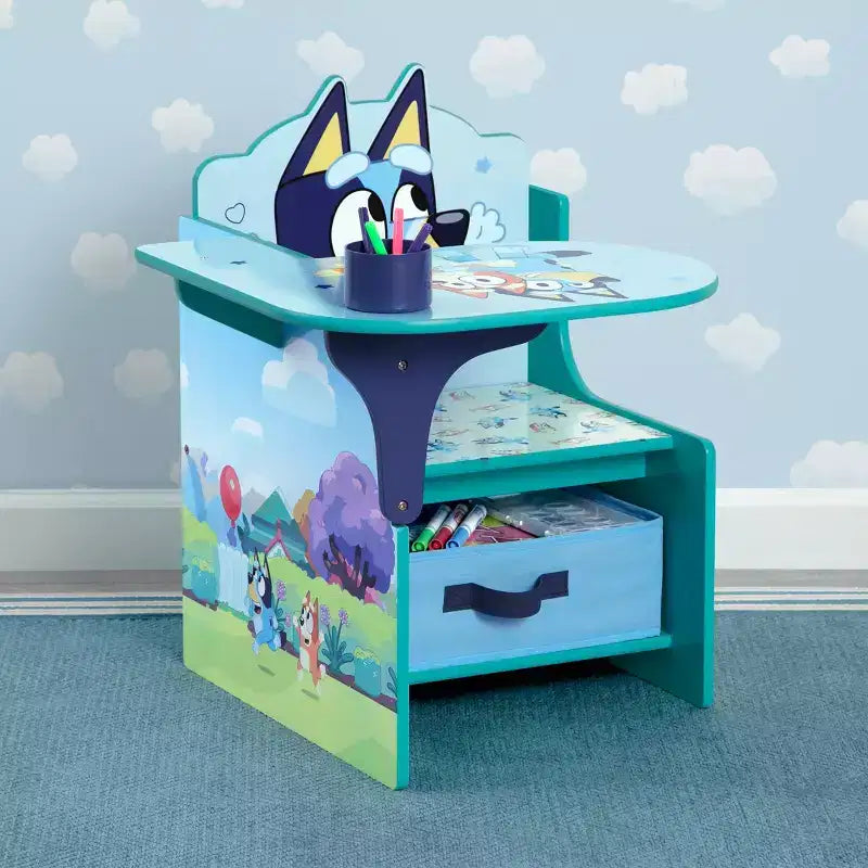 Scrivania e Sedia Blu da Cartone Animato per Bambini con Contenitore, 1 Posto