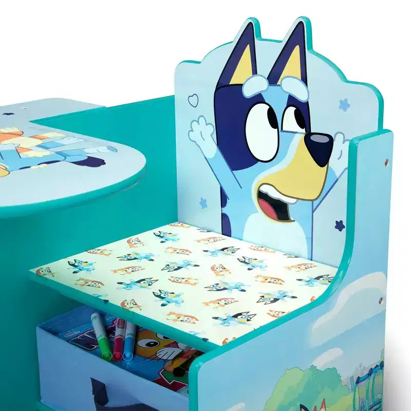 Scrivania e Sedia Blu da Cartone Animato per Bambini con Contenitore, 1 Posto