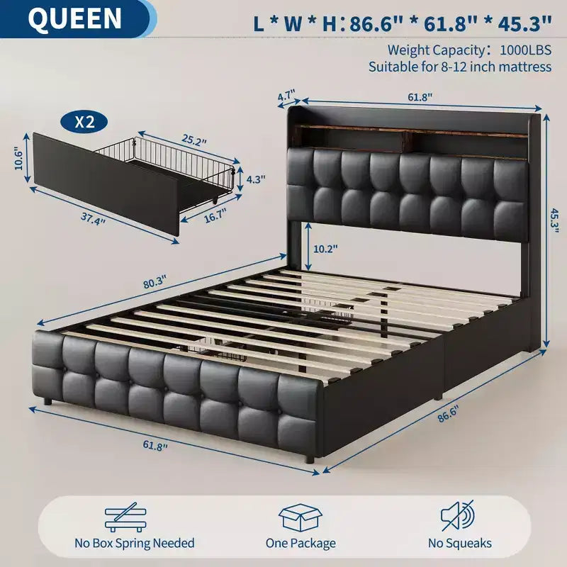 Letto a piattaforma Queen in velluto grigio con testiera LED RGB e 2 cassetti portaoggetti – Posti a sedere 1
