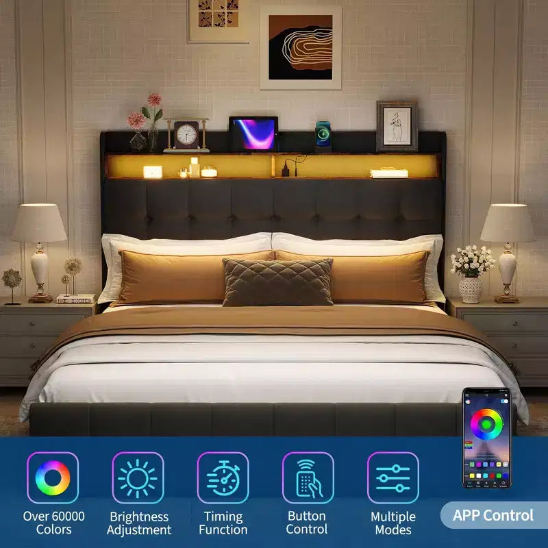 Letto a piattaforma Queen in velluto grigio con testiera LED RGB e 2 cassetti portaoggetti – Posti a sedere 1