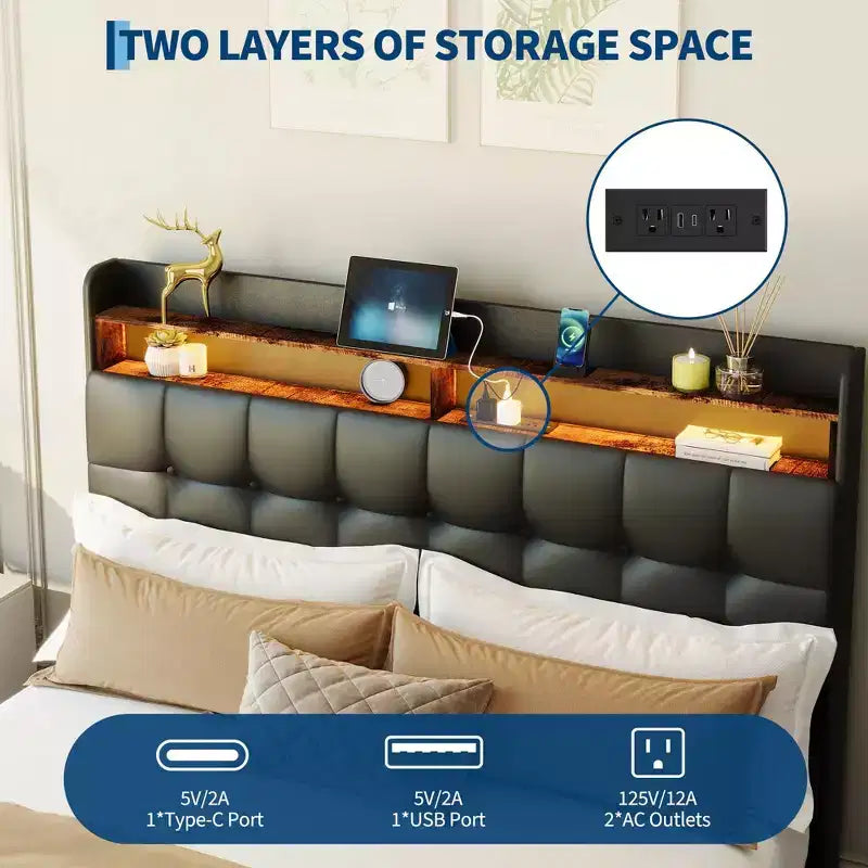 Letto a piattaforma Queen in velluto grigio con testiera LED RGB e 2 cassetti portaoggetti – Posti a sedere 1