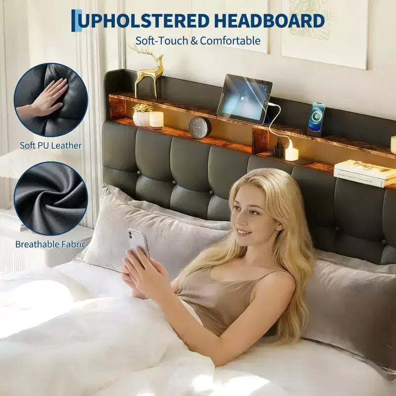 Letto a piattaforma Queen in velluto grigio con testiera LED RGB e 2 cassetti portaoggetti – Posti a sedere 1